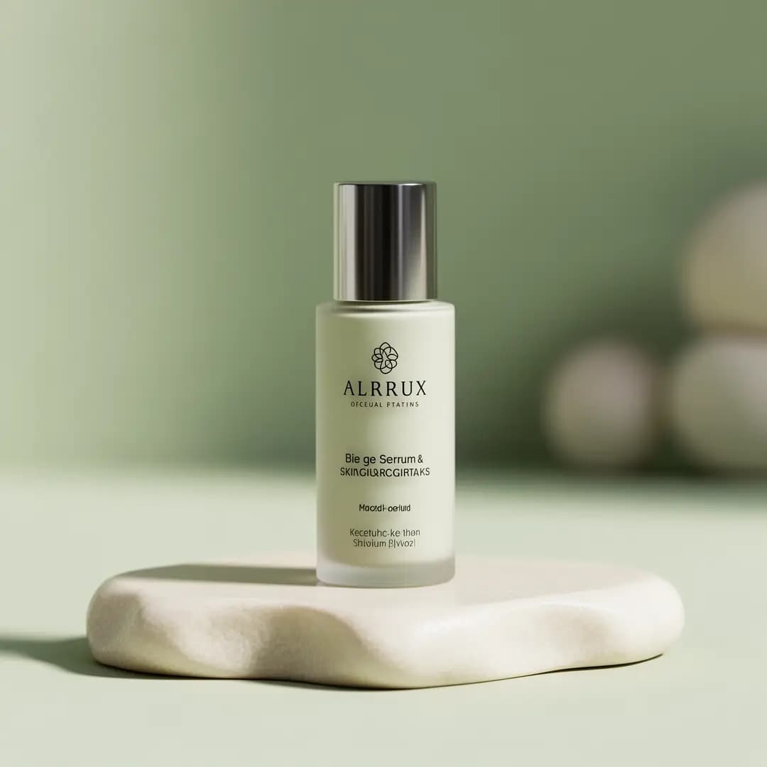 A clean skincare product hero shot featuring polished materials and a calm, premium color palette.