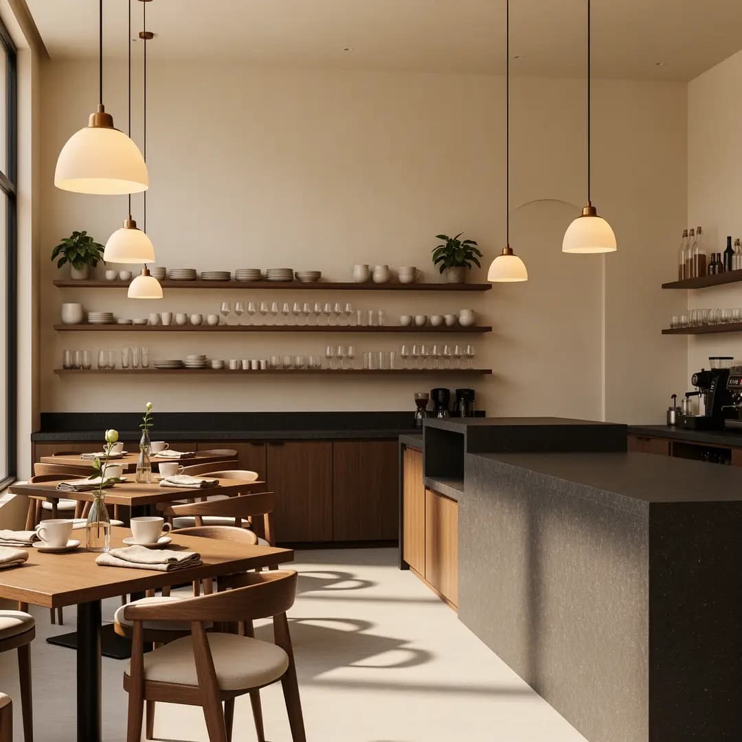 A boutique cafe interior concept featuring warm materials, balanced lighting, and a polished hospitality mood.