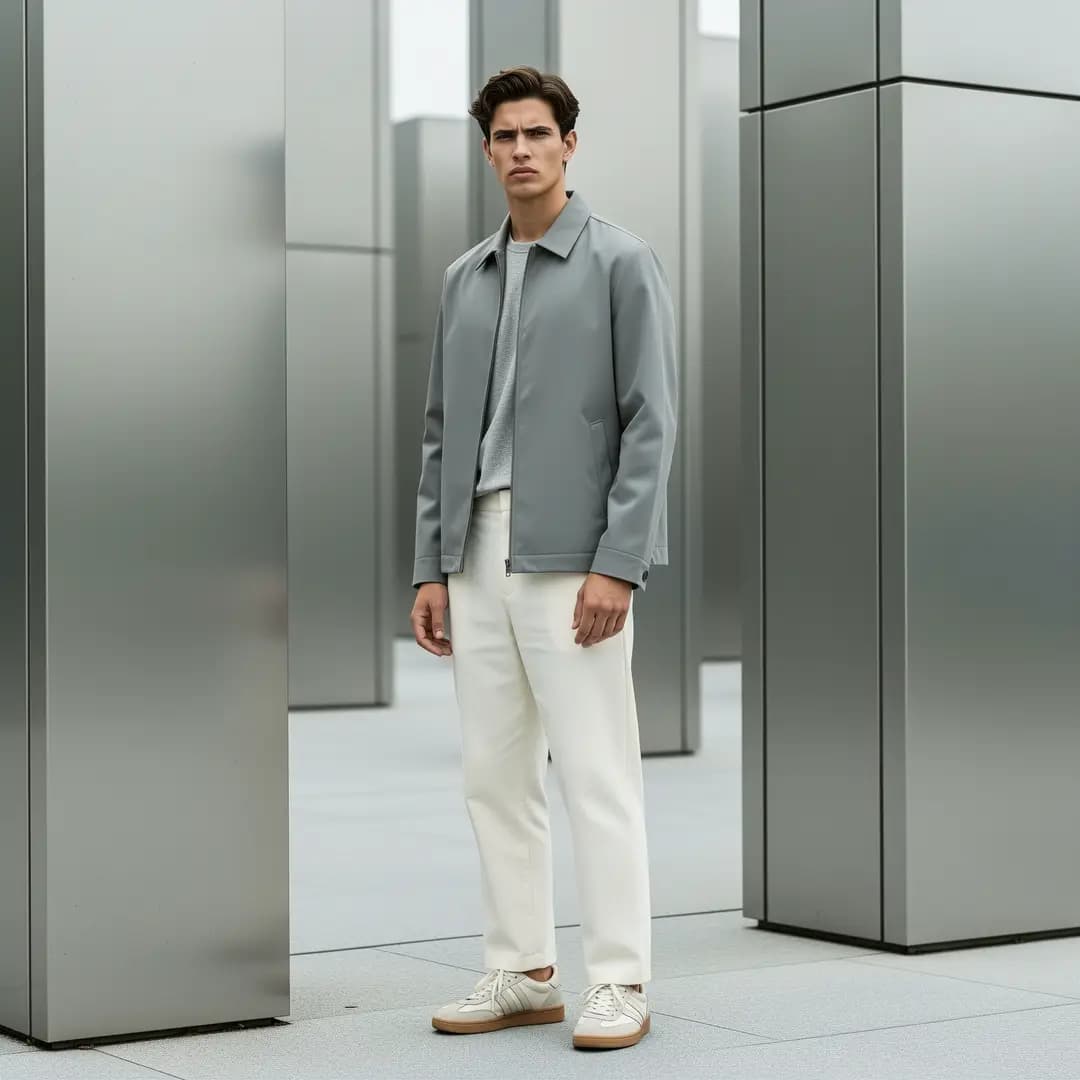 A streetwear lookbook shot with balanced polish, clear wardrobe direction, and a distinct campaign tone.