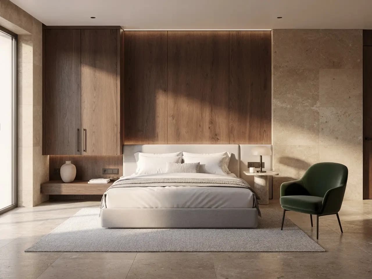 A boutique hotel room concept with warm materials, measured lighting, and a polished hospitality mood.