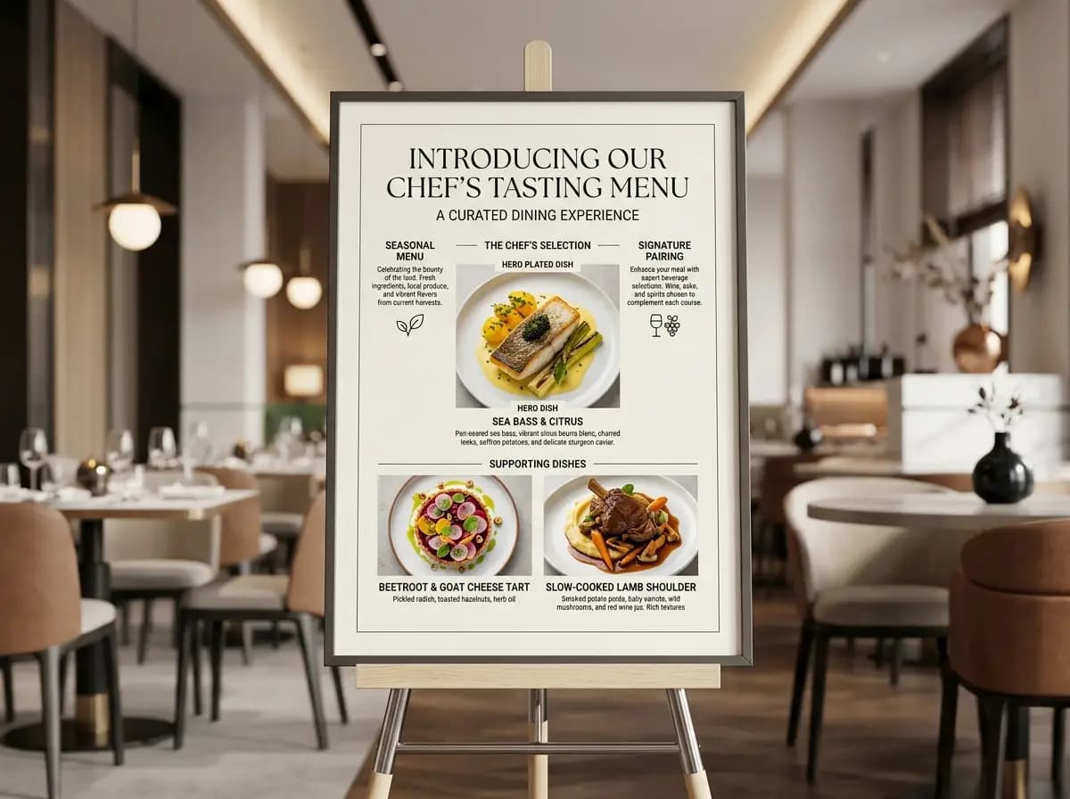 A restaurant explainer board featuring plated food, clear labels, and a refined editorial hospitality layout.