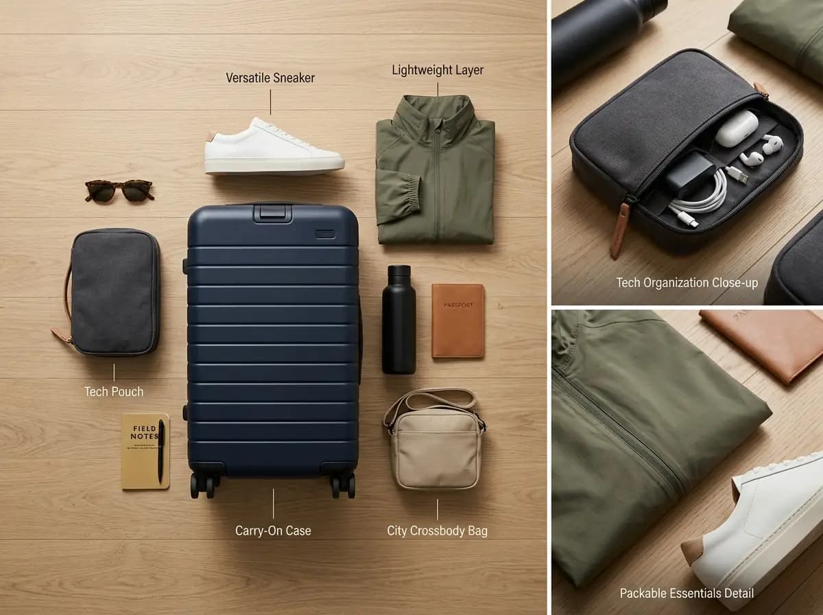 A multi-reference travel essentials board showcasing coordinated product styling and clear grounded context.