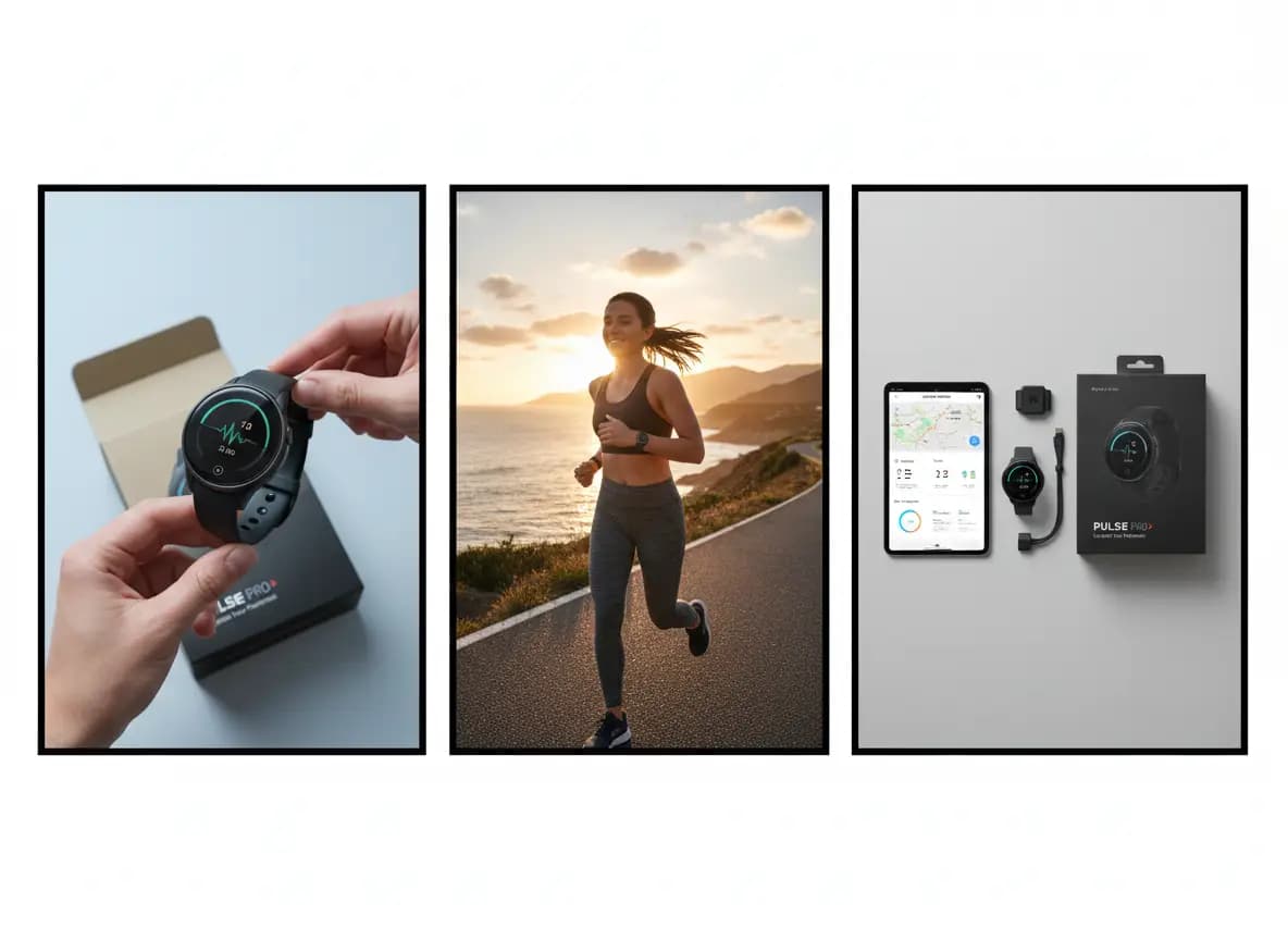 A three-panel product storyboard for a wearable fitness tracker launch idea.