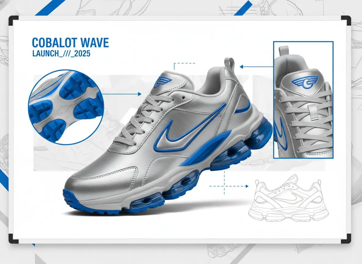 A sneaker collage concept merging references for silhouette, materials, and campaign styling.