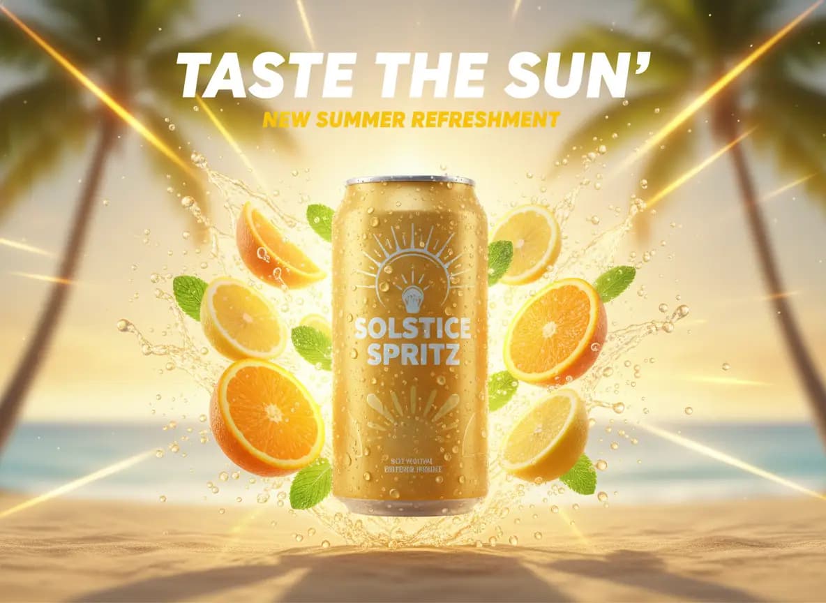 A quick social launch visual for a sparkling citrus beverage campaign with bold colors and product focus.