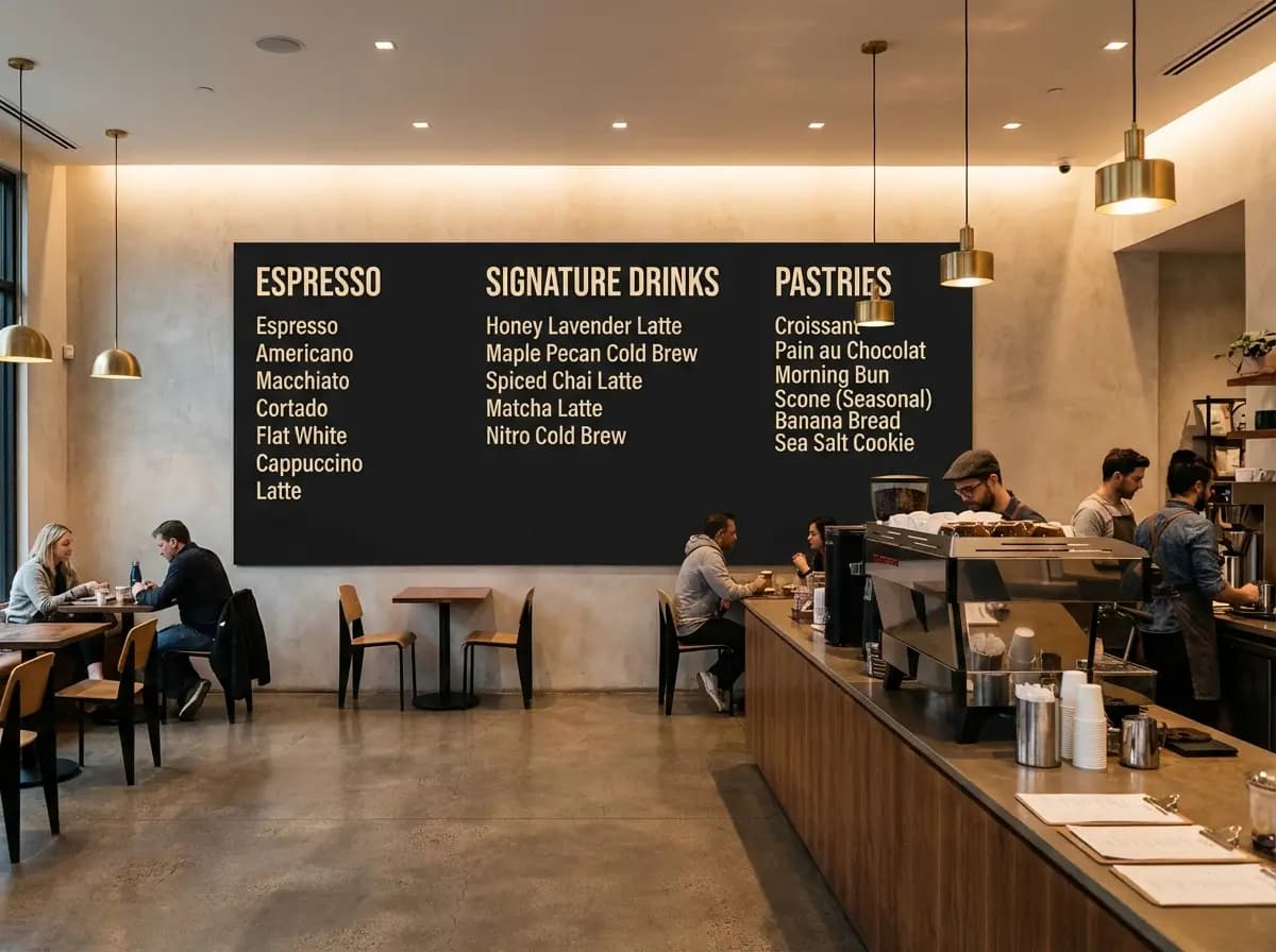 A readable cafe menu board with clear category headings and a premium in-store interior backdrop.