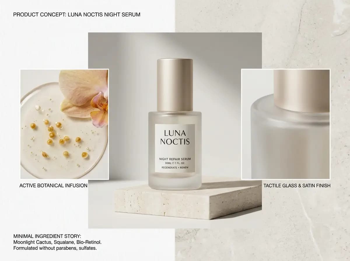 A skincare product concept board with a central hero bottle, close-up detail crops, and labeled design callouts.