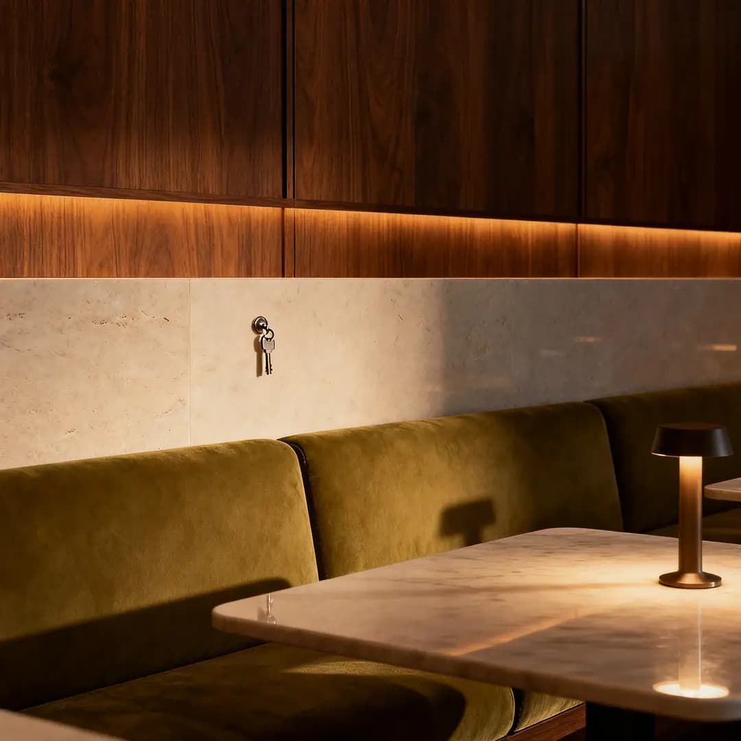 A hotel lounge core visual showcasing clean materials, controlled lighting, and a polished hospitality atmosphere.