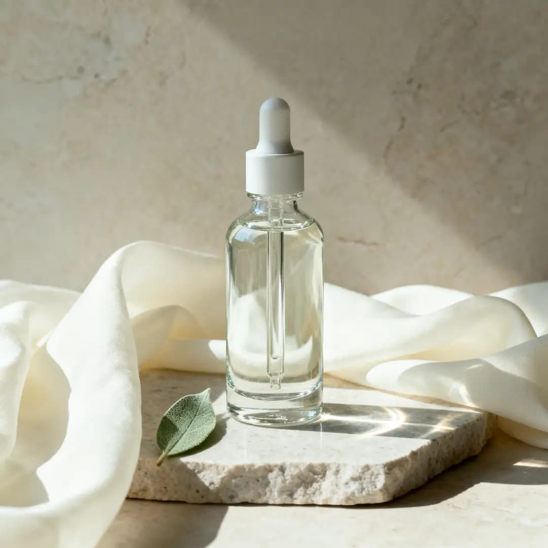 An editorial serum still life with calm palette control and refined product detail.