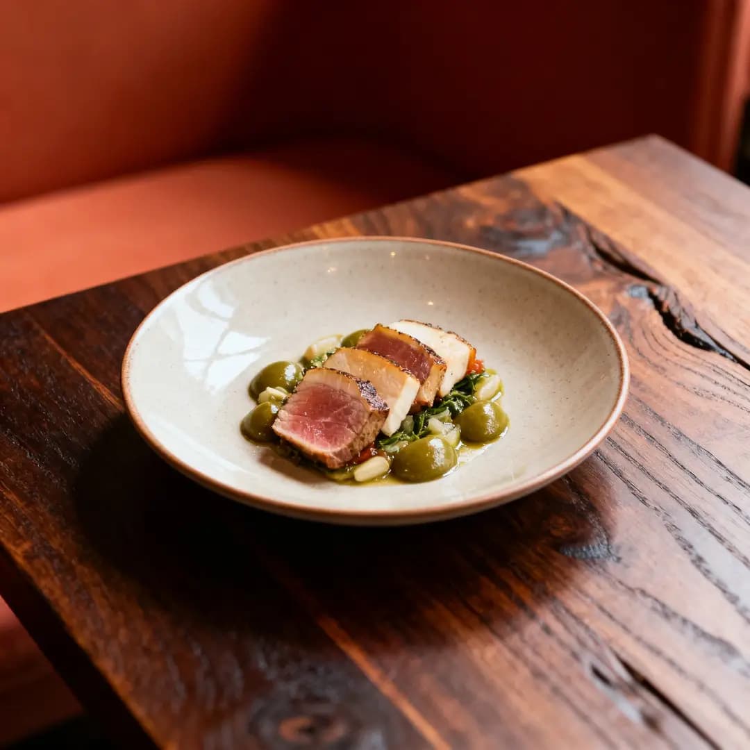 A restaurant campaign shot with polished lighting, balanced palette, and a credible commercial vibe.