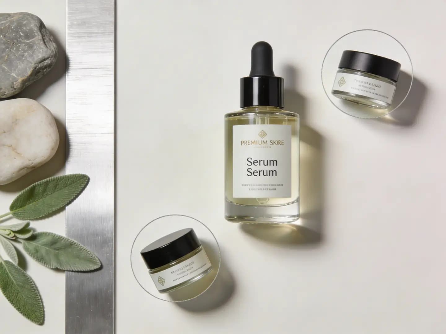 A crisp skincare product review board with a hero bottle, detail crops, and clean, premium material cues.