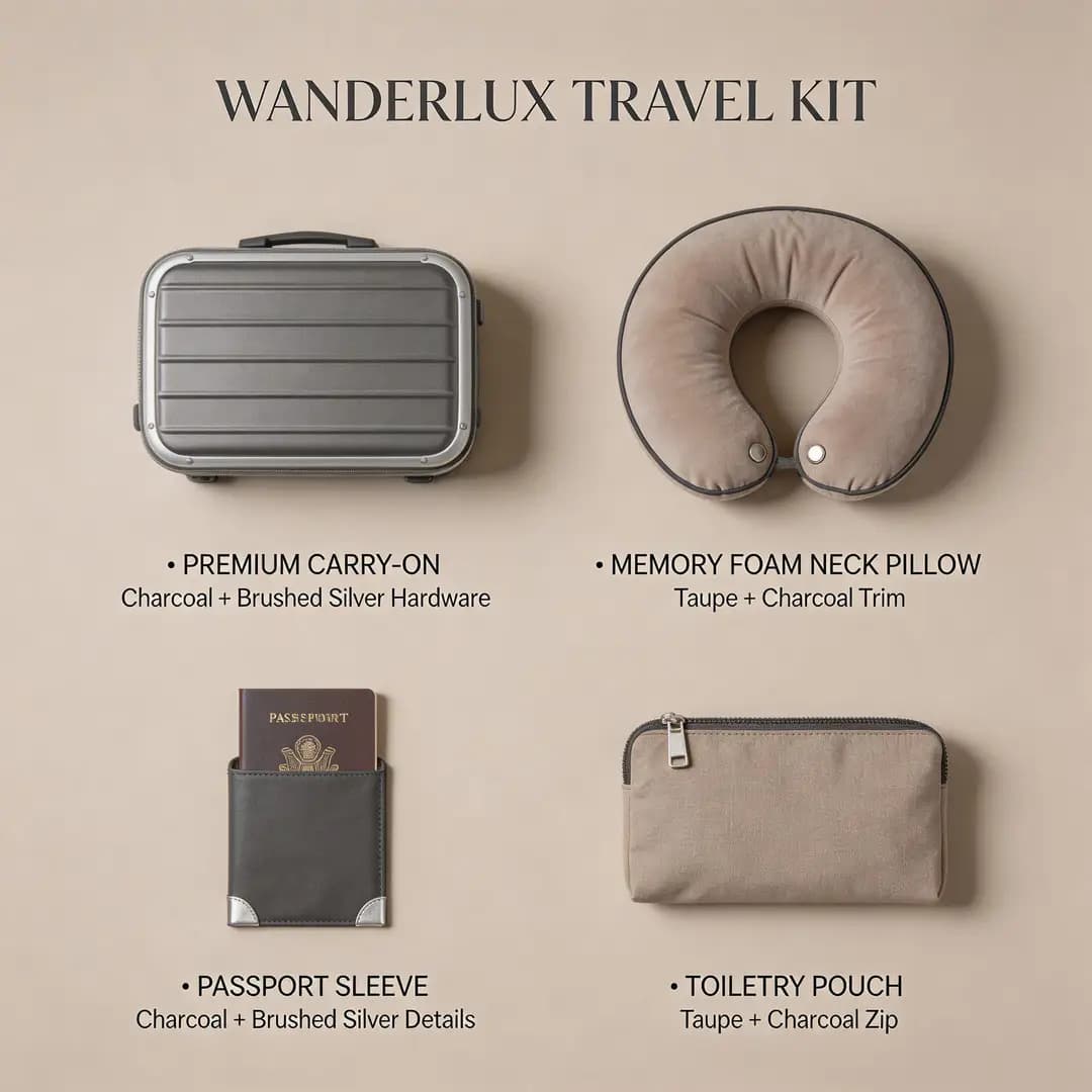 A travel kit concept board featuring coordinated items, polished materials, and a neat review layout.
