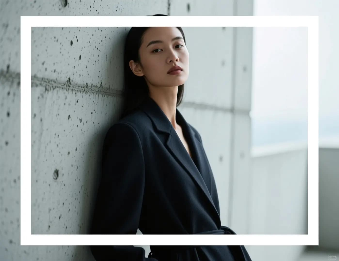An editorial portrait concept with a direct pose, minimalist setting, and controlled lighting mood.